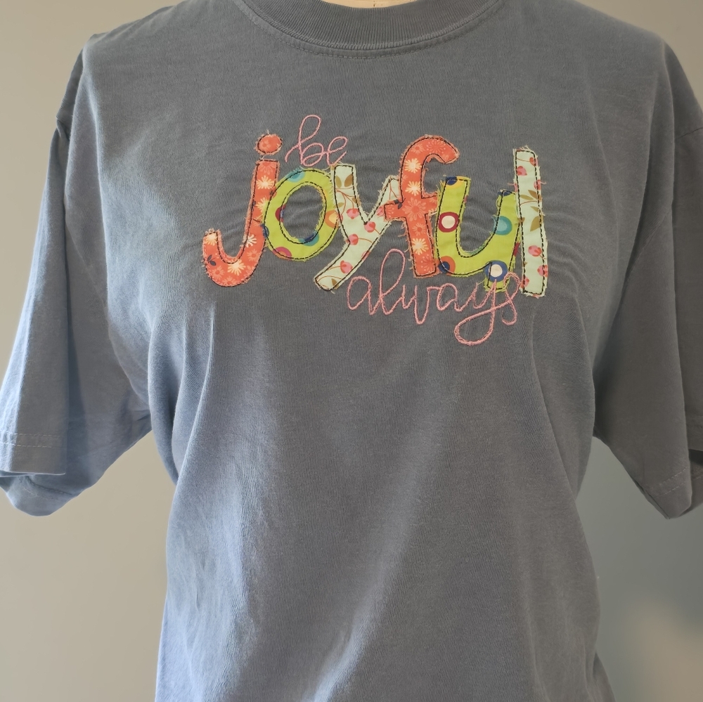 Handmade Adult Women's T-Shirt "Joyful Always' Design. Size Medium. Blue